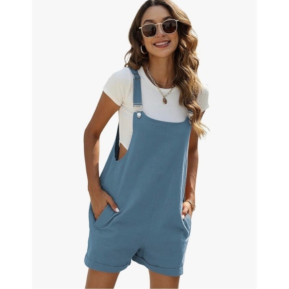 Yeokou Women's Cotton Linen Short Overalls with Pockets in Blue Size XXL NWOT - Picture 1 of 6